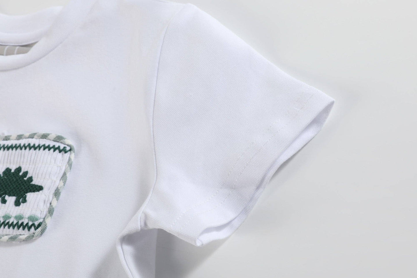 Lil Cactus - White Dinosaur Smocked Tee and Green Gingham Shorts Set