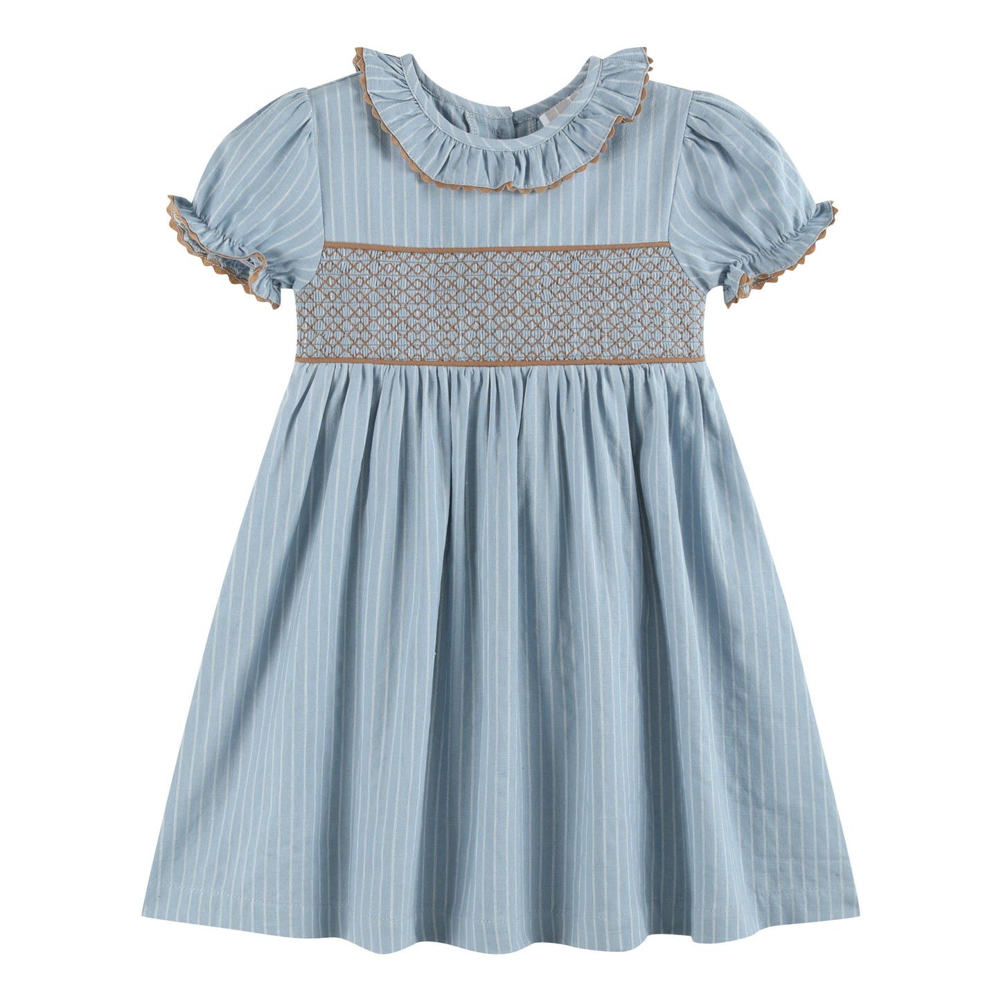 Lil Cactus - Blue Pinstripe Brown Smocked Ruffle Collar Dress