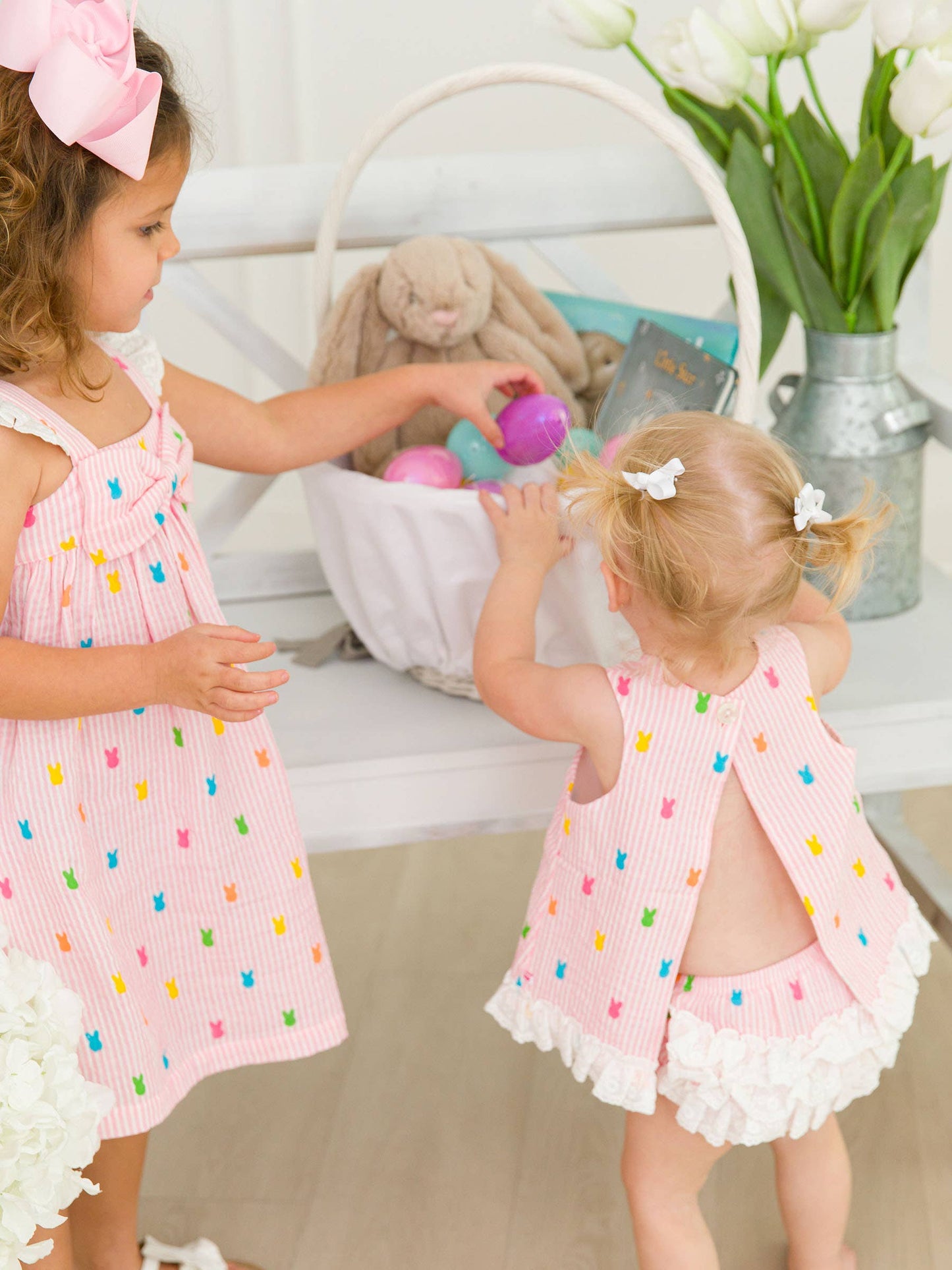 Girls Pink Bunny Stripe Cotton Gauze Flutter Bow Woven Dress