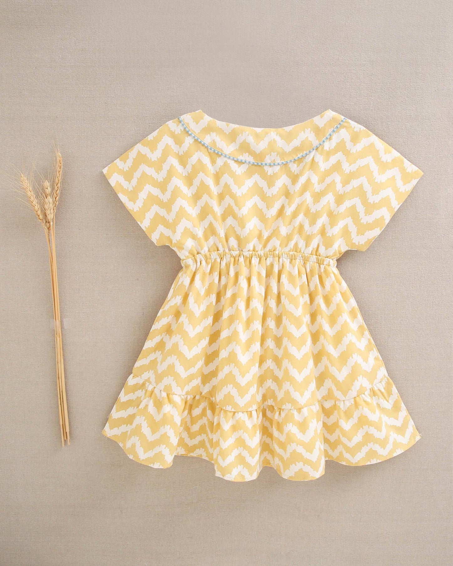 Dadati - Mustard and white zigzag girl dress with turquoise