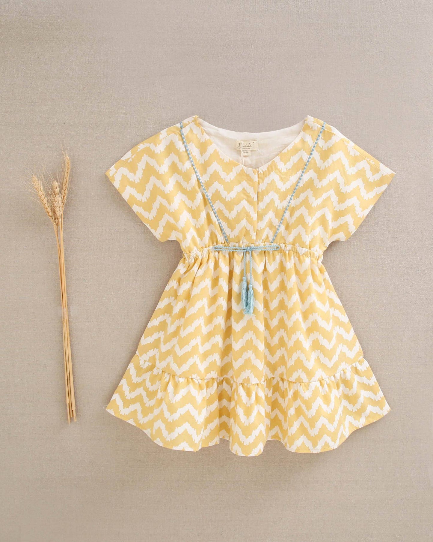 Dadati - Mustard and white zigzag girl dress with turquoise