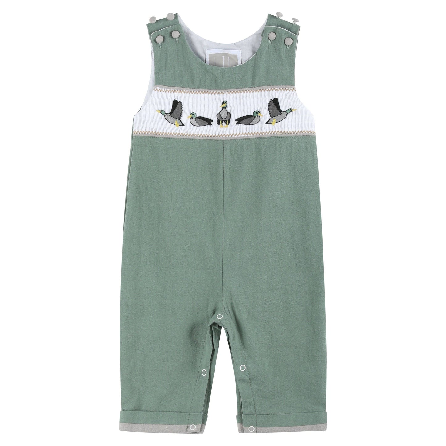 Lil Cactus - Sage Green Mallard Smocked Overalls