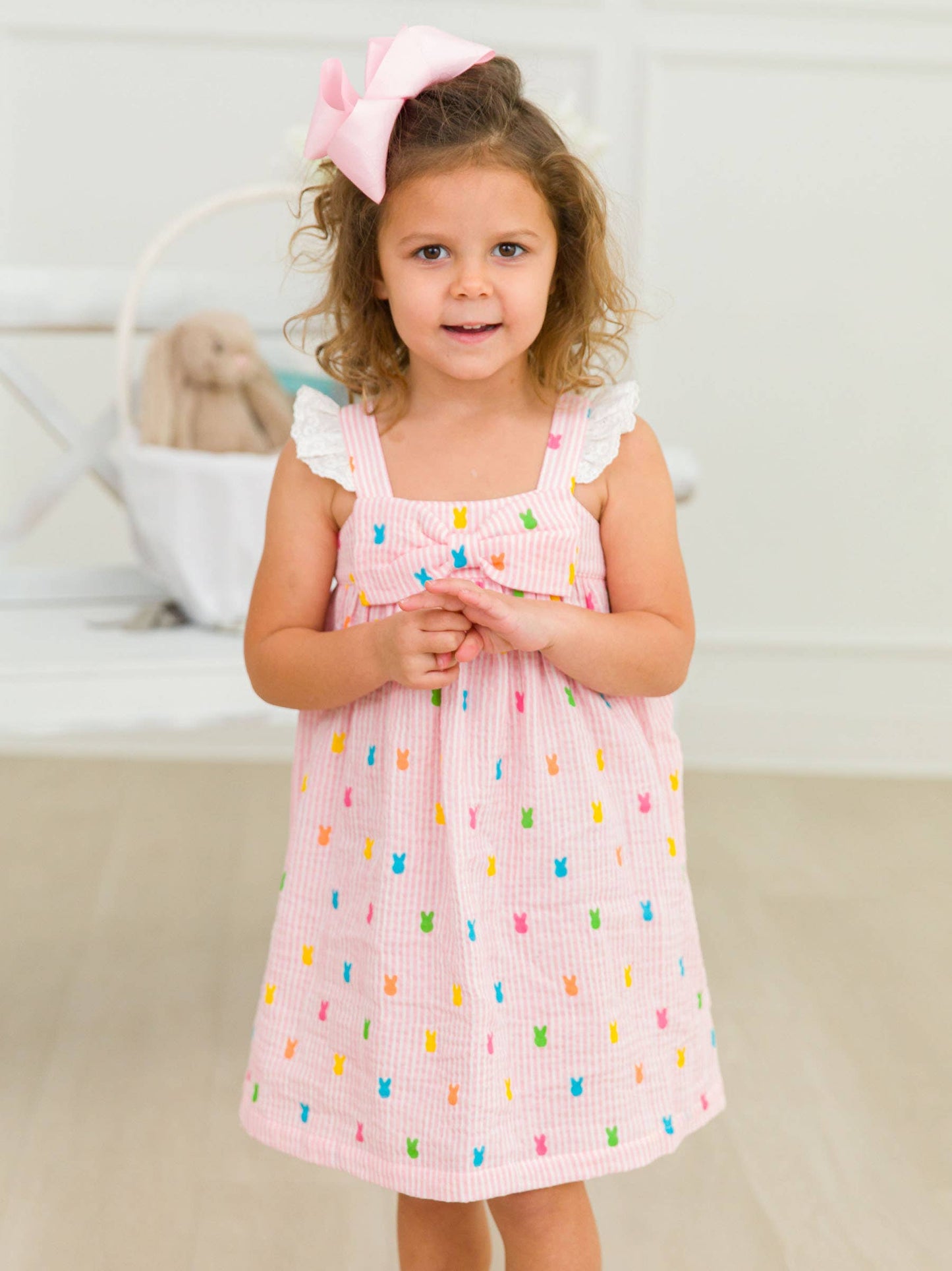 Girls Pink Bunny Stripe Cotton Gauze Flutter Bow Woven Dress