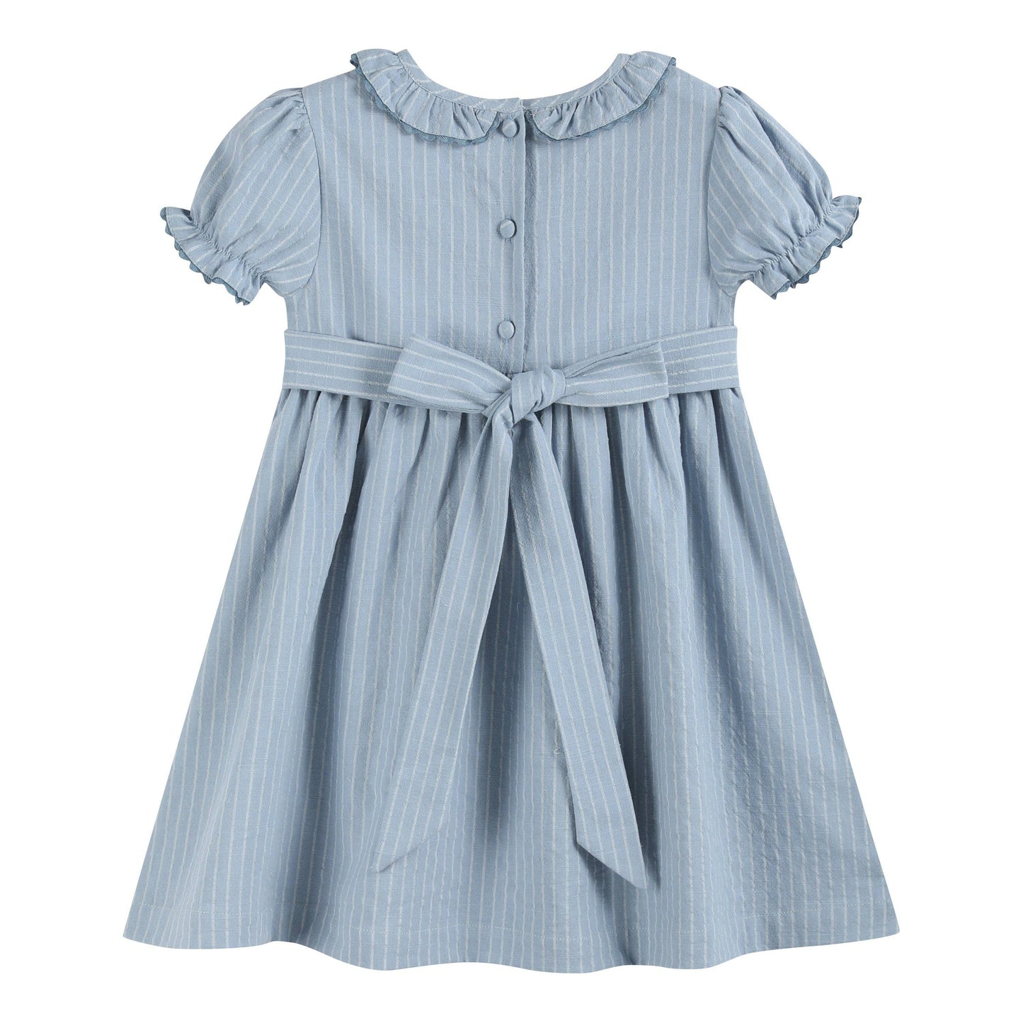 Lil Cactus - Light Blue Pinstripe Smocked Ruffle Dress