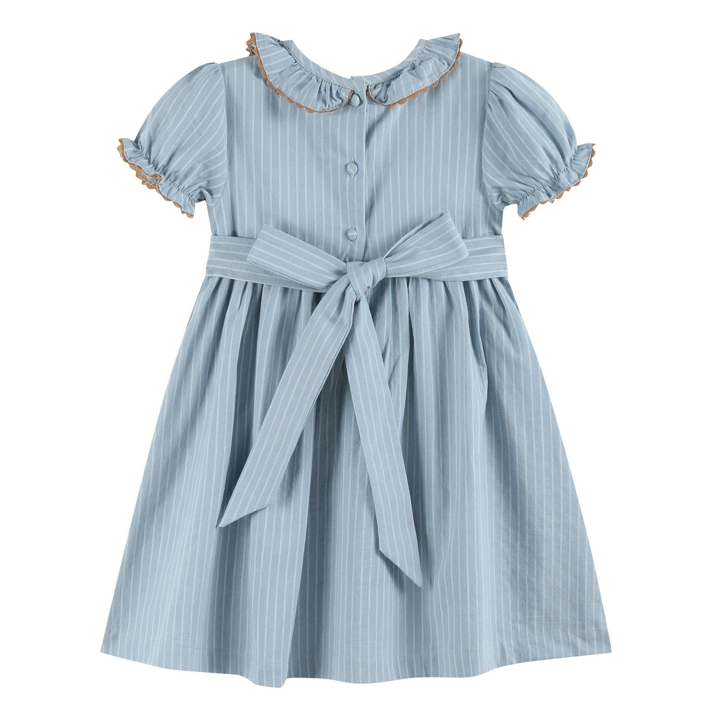 Lil Cactus - Blue Pinstripe Brown Smocked Ruffle Collar Dress