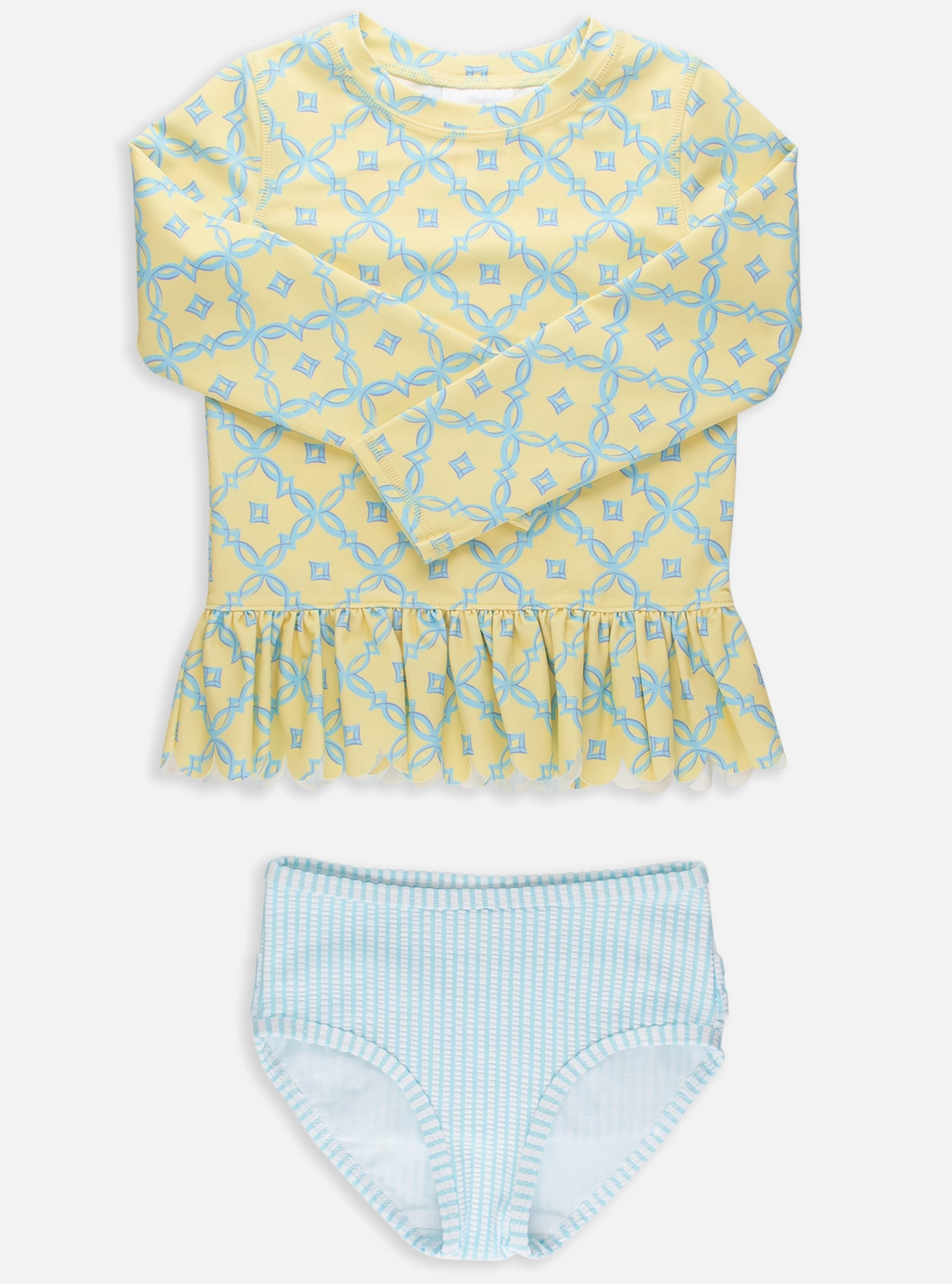RuffleButts – Girls Banana Coastal Charm Scallop Hem Long Sleeve Rash Guard