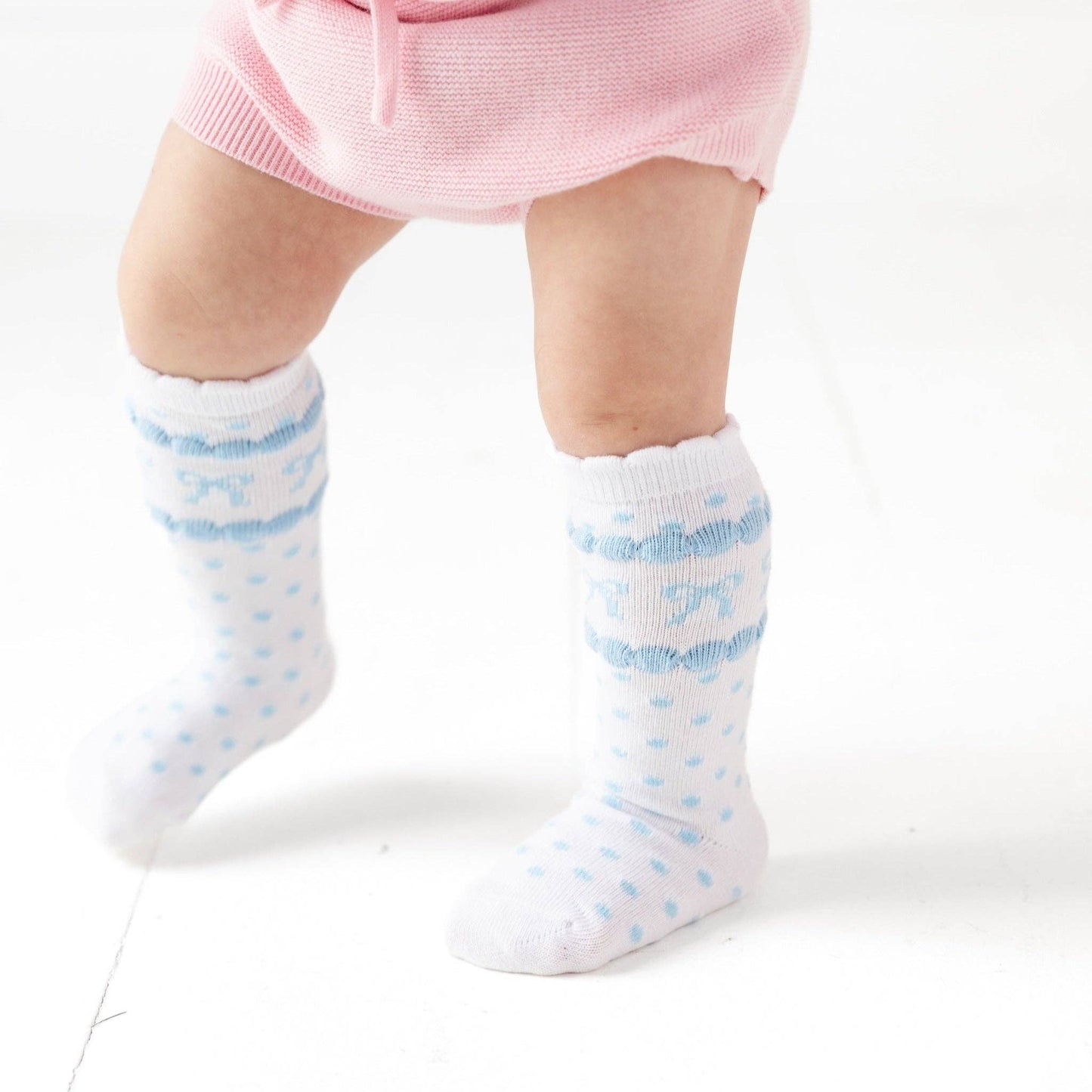 Little Stocking Co. - Blue Bow Scalloped Knee Socks