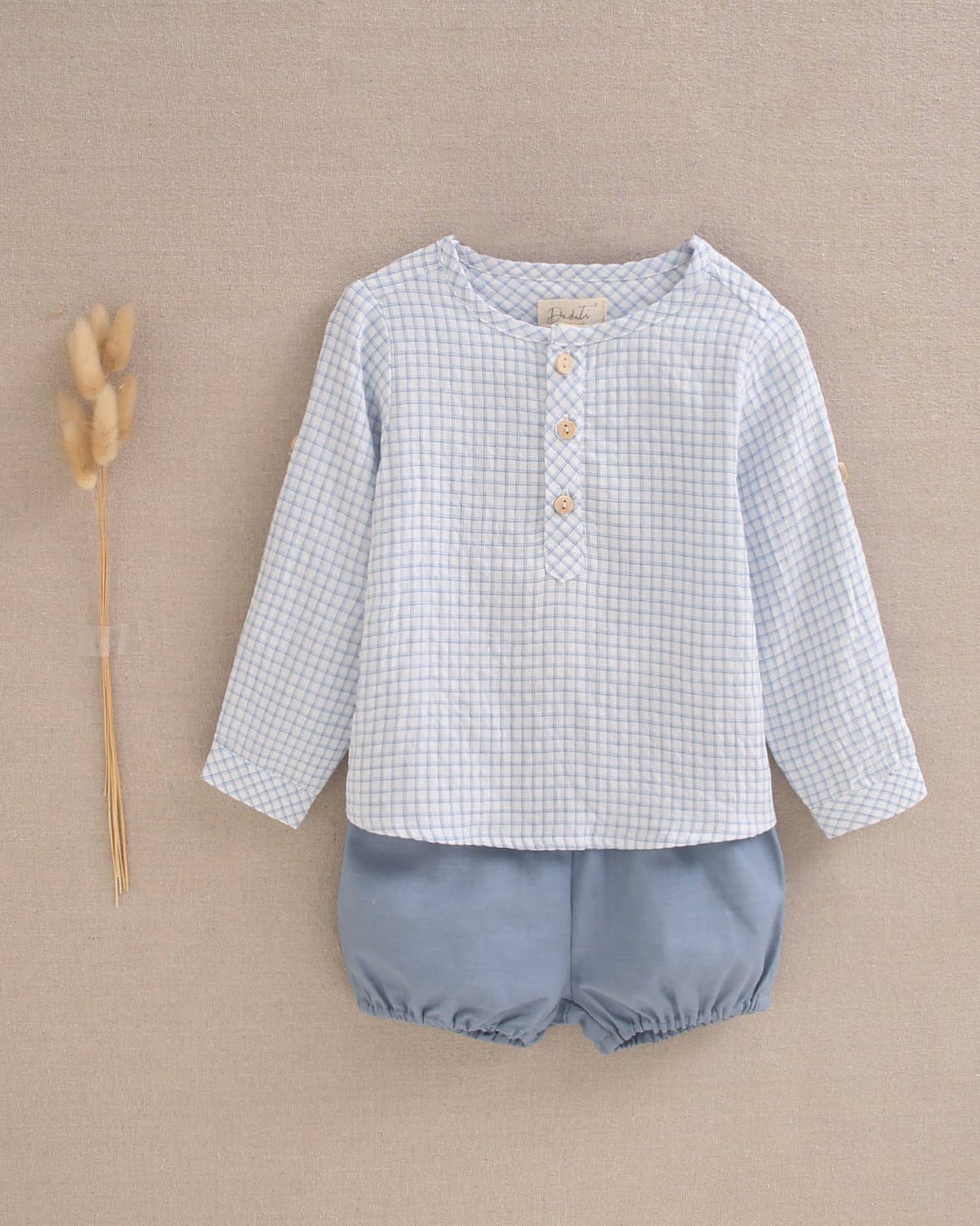 Dadati - Baby boy set light blue gingham shirt and shorts