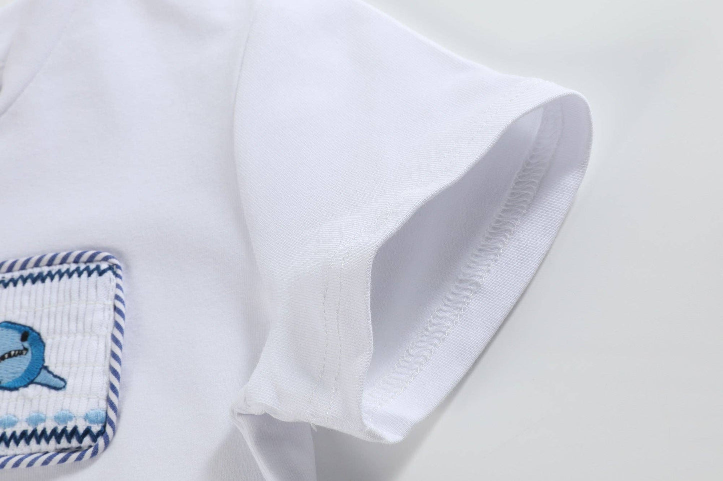 Lil Cactus - White Shark Smocked Tee and Navy Stripe Shorts Set