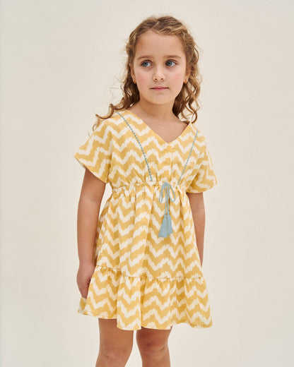 Dadati - Mustard and white zigzag girl dress with turquoise