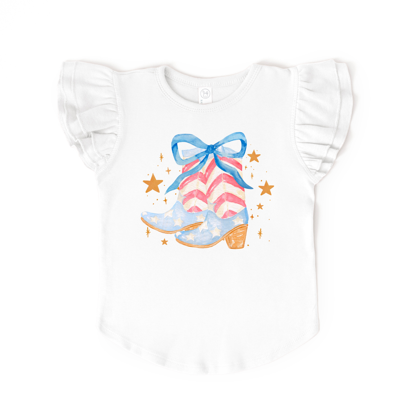 Benny & Ray Apparel - Cowboy Boots and Coquette Bow Girl 4th of July Flutter Top