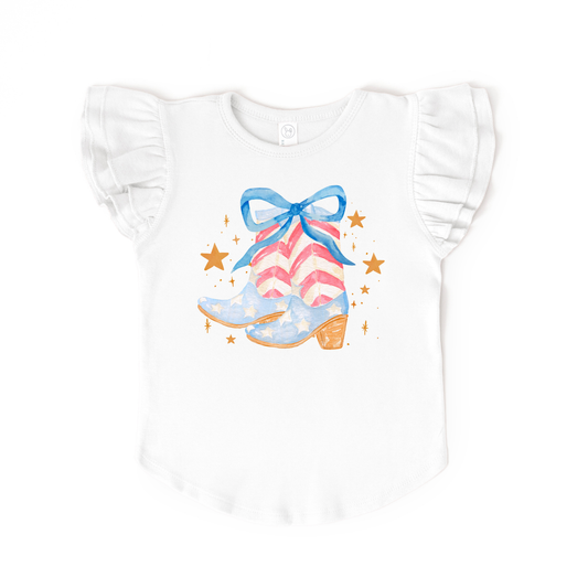 Benny & Ray Apparel - Cowboy Boots and Coquette Bow Girl 4th of July Flutter Top