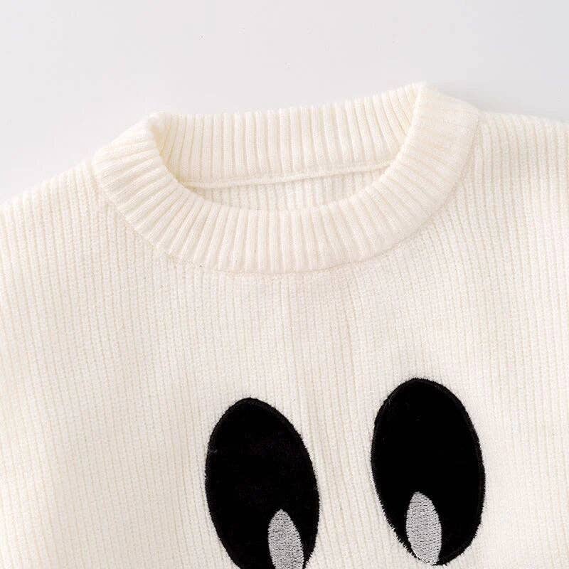 Auraquise - Girls Fall Halloween White Black Ghost Cute Sweater