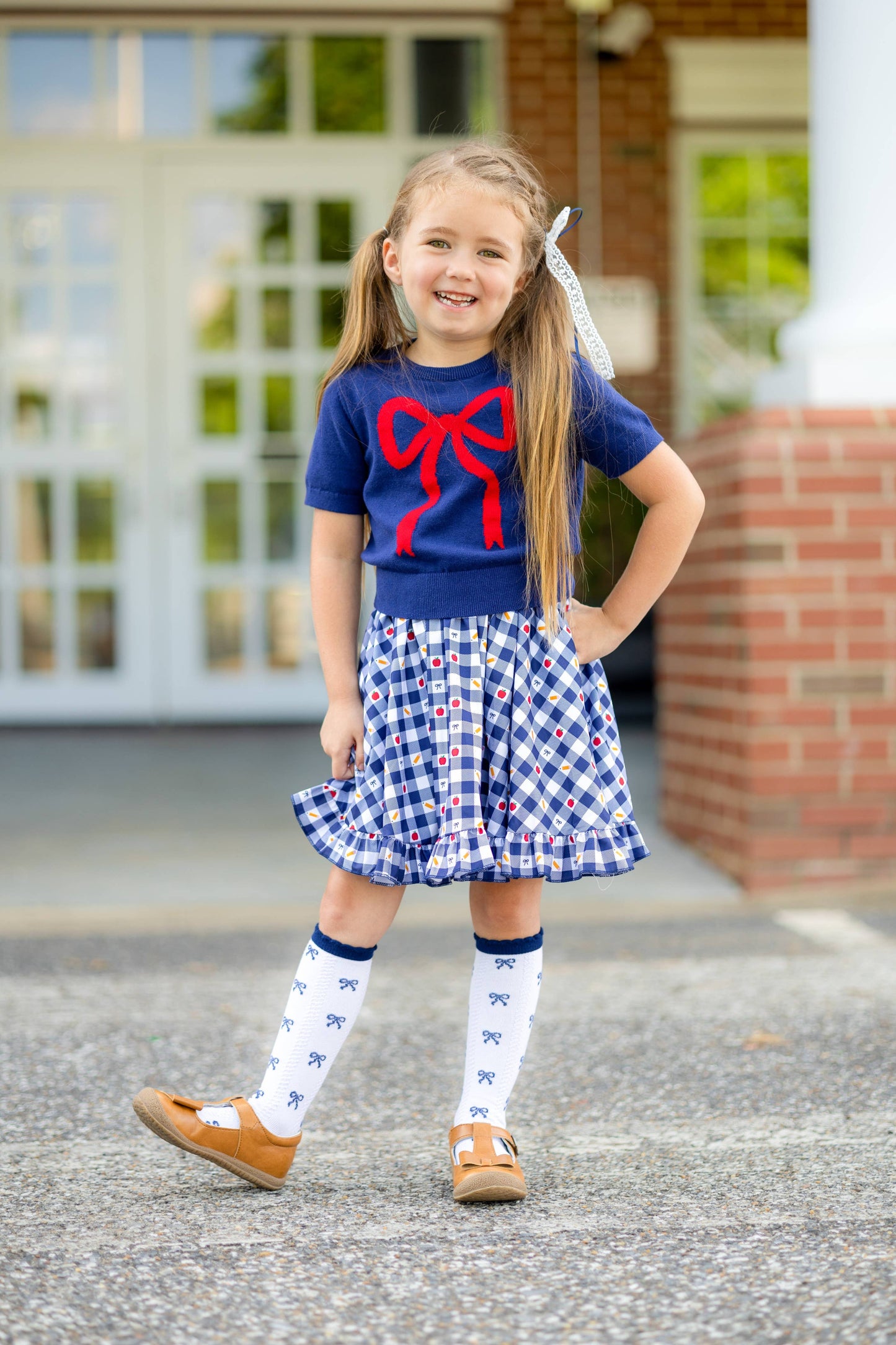 Little Stocking Co. - Navy Bow Scalloped Knee Socks