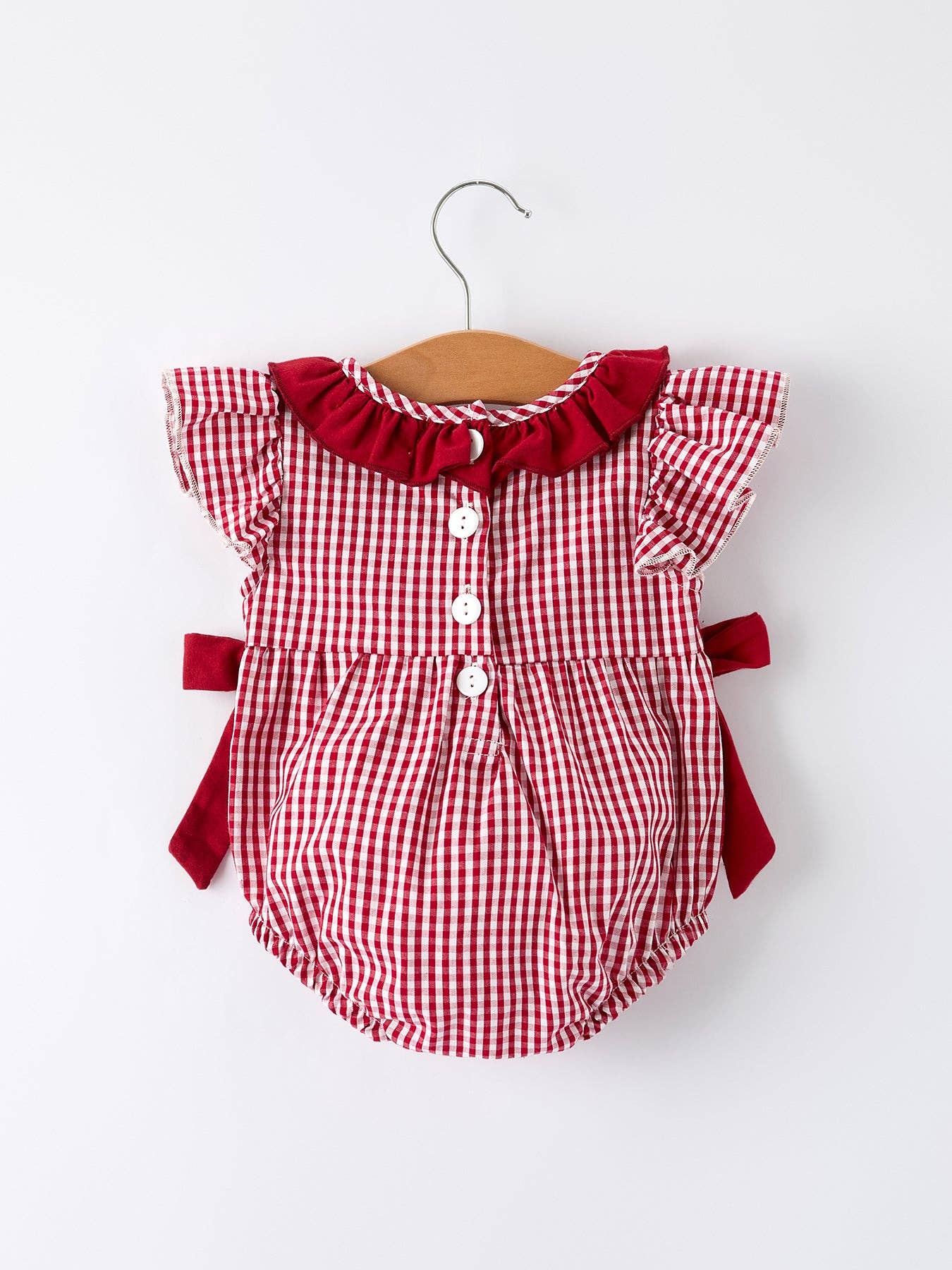 Rylee Faith Designs - Roll Tide Embroidery Gingham Baby Girl Romper with Red Bow
