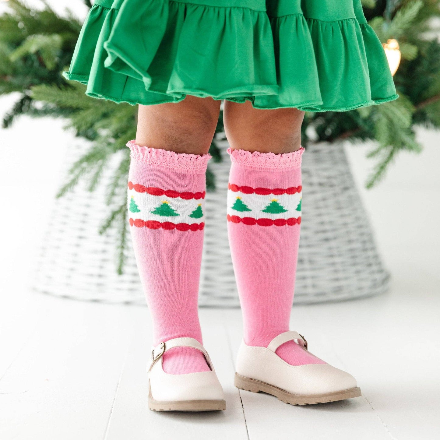 Little Stocking Co. - Pink Tree Lace Top Knee High Socks