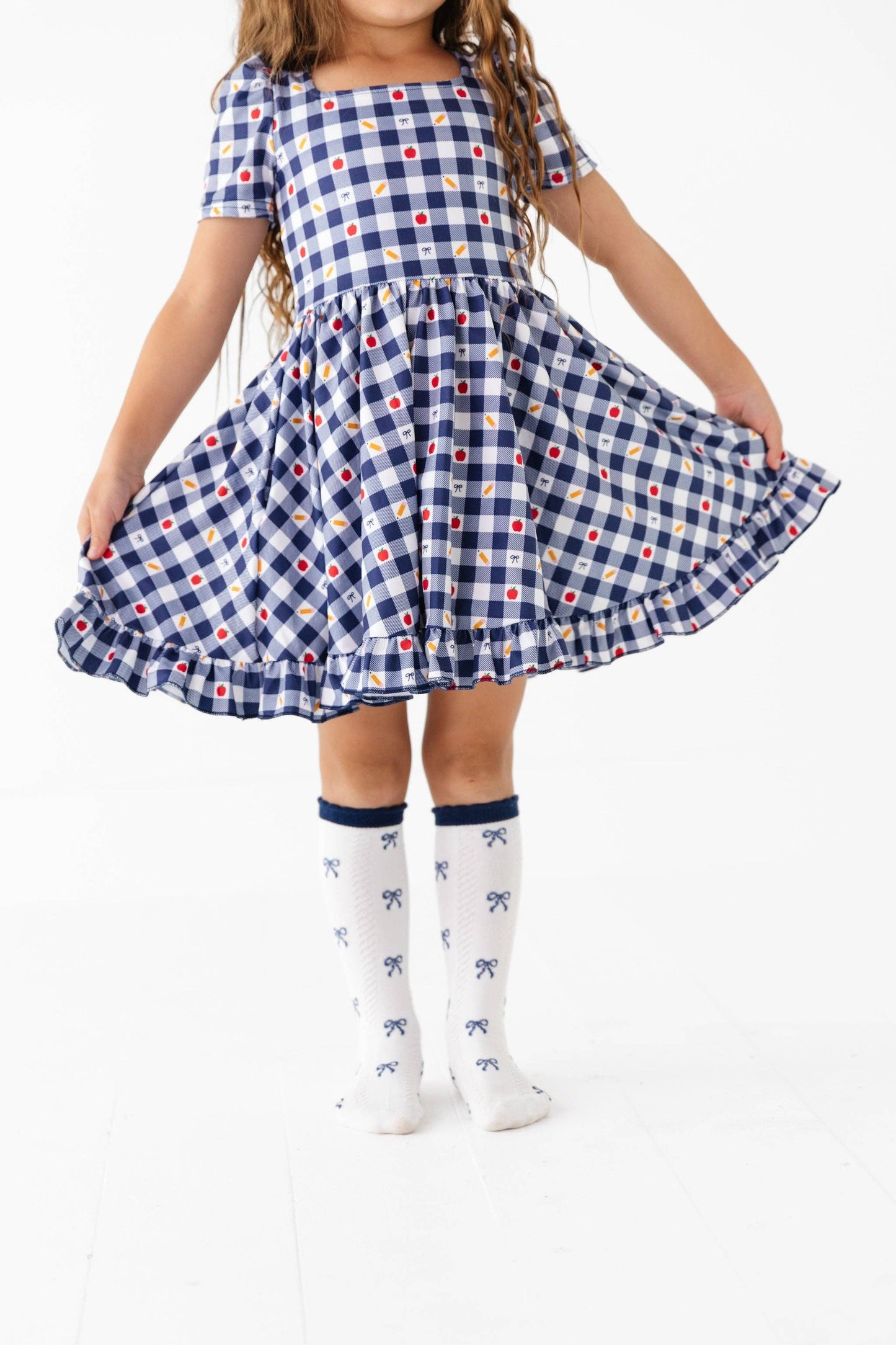 Little Stocking Co. - Navy Bow Scalloped Knee Socks