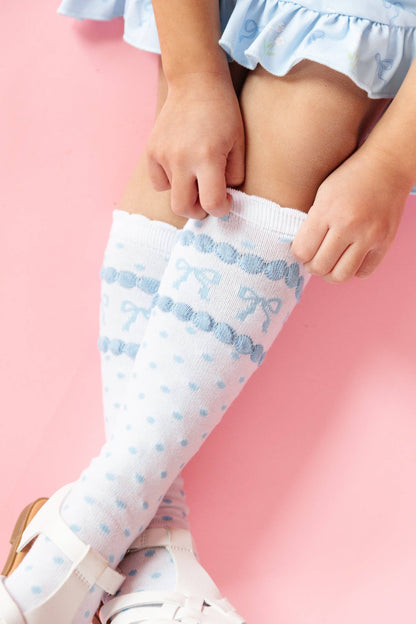 Little Stocking Co. - Blue Bow Scalloped Knee Socks