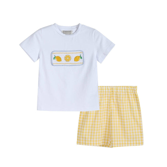 Lil Cactus - Yellow Gingham Lemon Smocked Shirt and Shorts Set