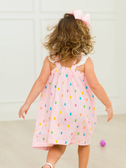 Girls Pink Bunny Stripe Cotton Gauze Flutter Bow Woven Dress