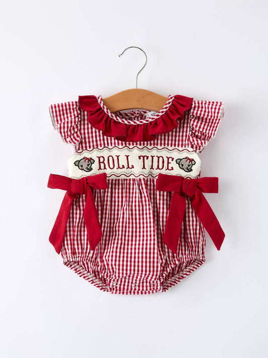 Rylee Faith Designs - Roll Tide Embroidery Gingham Baby Girl Romper with Red Bow