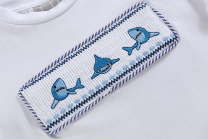 Lil Cactus - White Shark Smocked Tee and Navy Stripe Shorts Set
