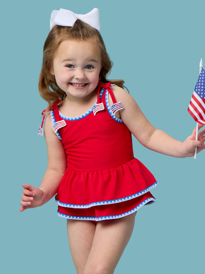 RuffleButts + RuggedButts - Girls Vintage Red Crochet Detail Peplum One Piece Swimsuit