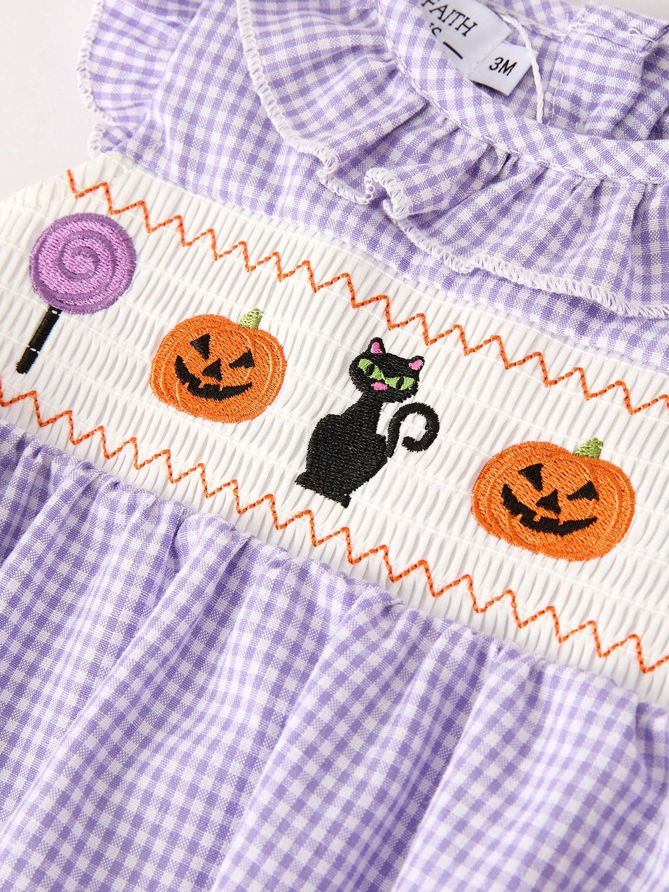 Rylee Faith Designs - Fall Halloween Purple Balloon Pumpkin Cat Smock Embroidery Baby Girl Romper
