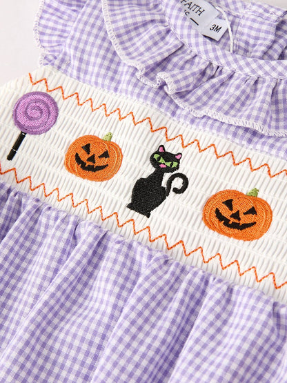 Rylee Faith Designs - Fall Halloween Purple Balloon Pumpkin Cat Smock Embroidery Baby Girl Romper