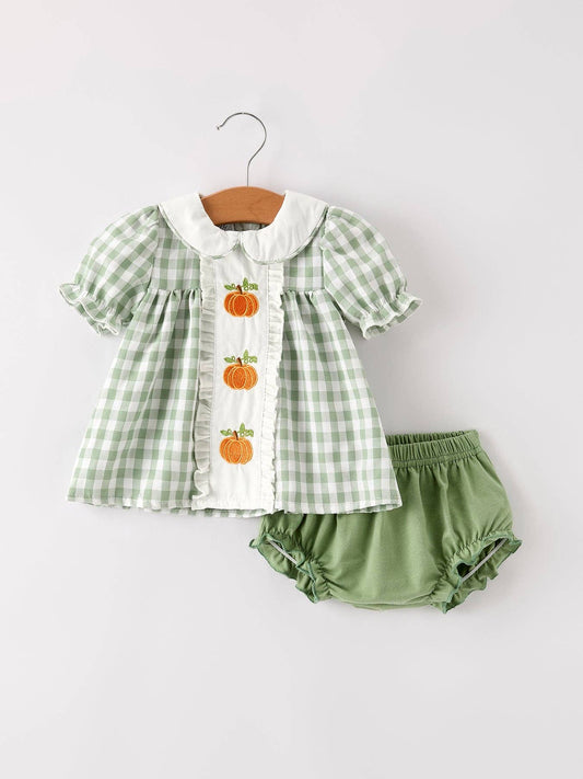 Rylee Faith Designs - Fall Halloween & Thanksgiving Applique Plaid Girls Bloomers Romper Set