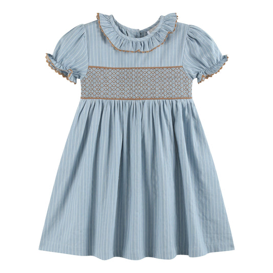 Lil Cactus - Blue Pinstripe Brown Smocked Ruffle Collar Dress