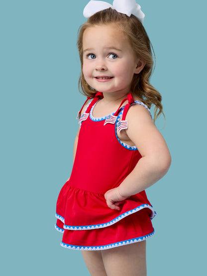 RuffleButts + RuggedButts - Girls Vintage Red Crochet Detail Peplum One Piece Swimsuit