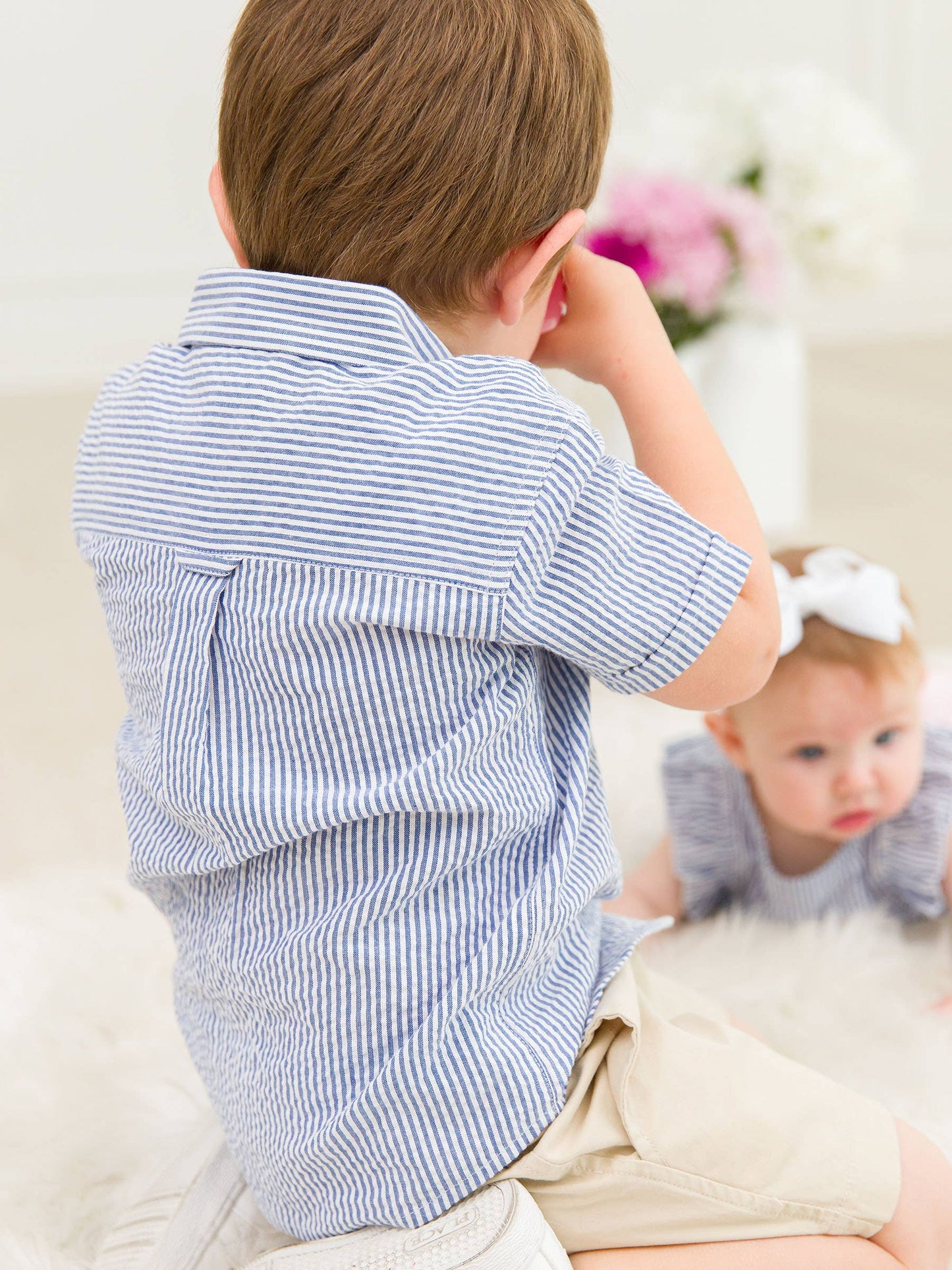 Boys Classic Blue Seersucker Short Sleeve Button Down Shirt