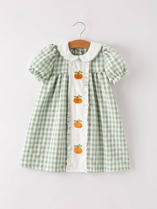Rylee Faith Designs - Fall Halloween & Thanksgiving Pumpkin Applique Plaid Green Girls Dress