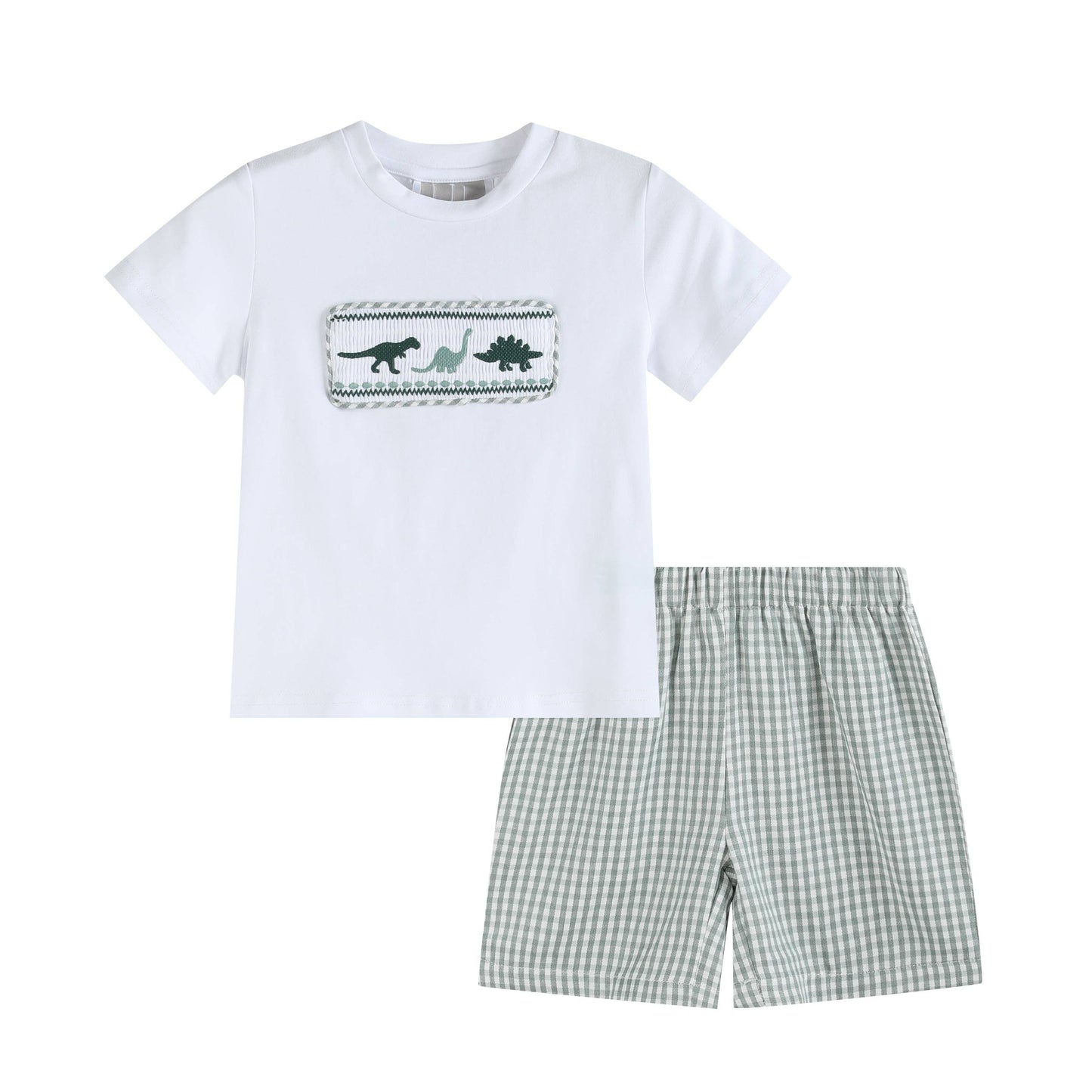 Lil Cactus - White Dinosaur Smocked Tee and Green Gingham Shorts Set