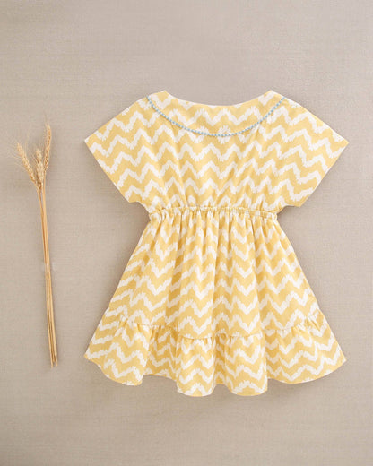 Dadati - Mustard and white zigzag girl dress with turquoise