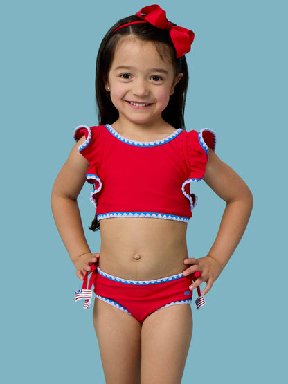 RuffleButts + RuggedButts - Girls Vintage Red Crochet Detail Butterfly Tankini 2-Piece Swimsuit