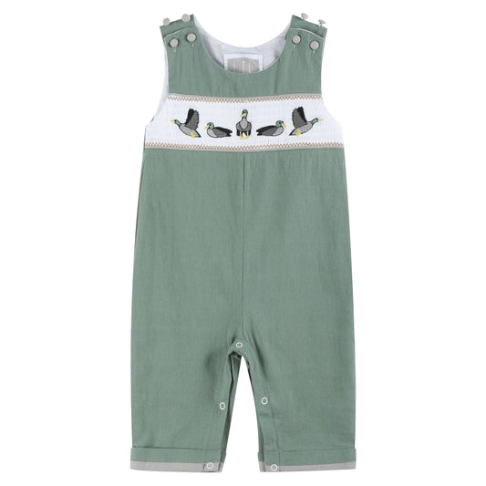 Lil Cactus - Sage Green Mallard Smocked Overalls