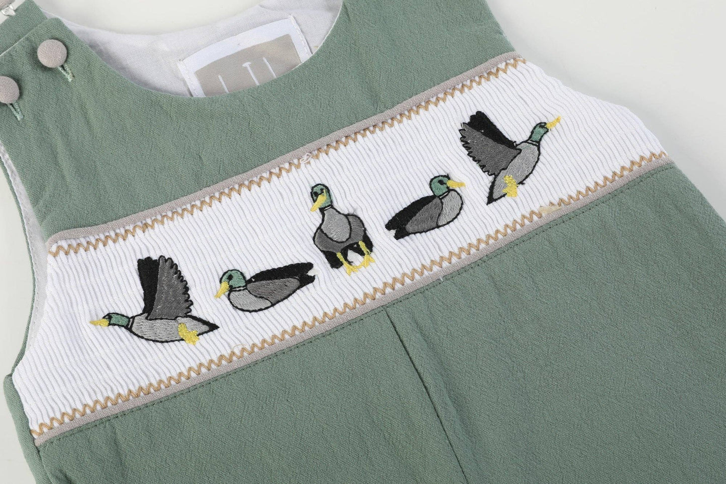 Lil Cactus - Sage Green Mallard Smocked Overalls