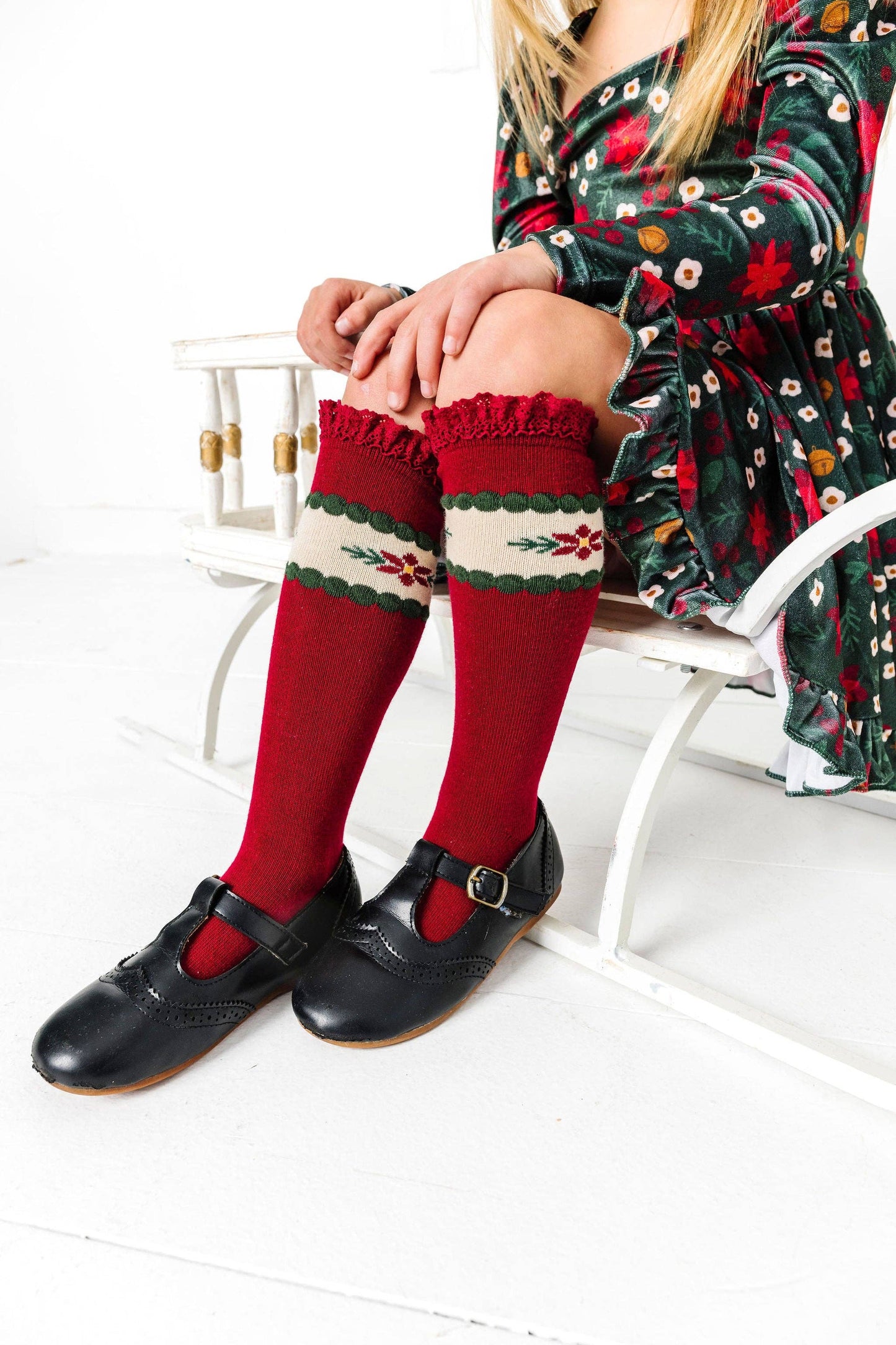 Little Stocking Co. - Poinsettia Lace Top Knee High Socks