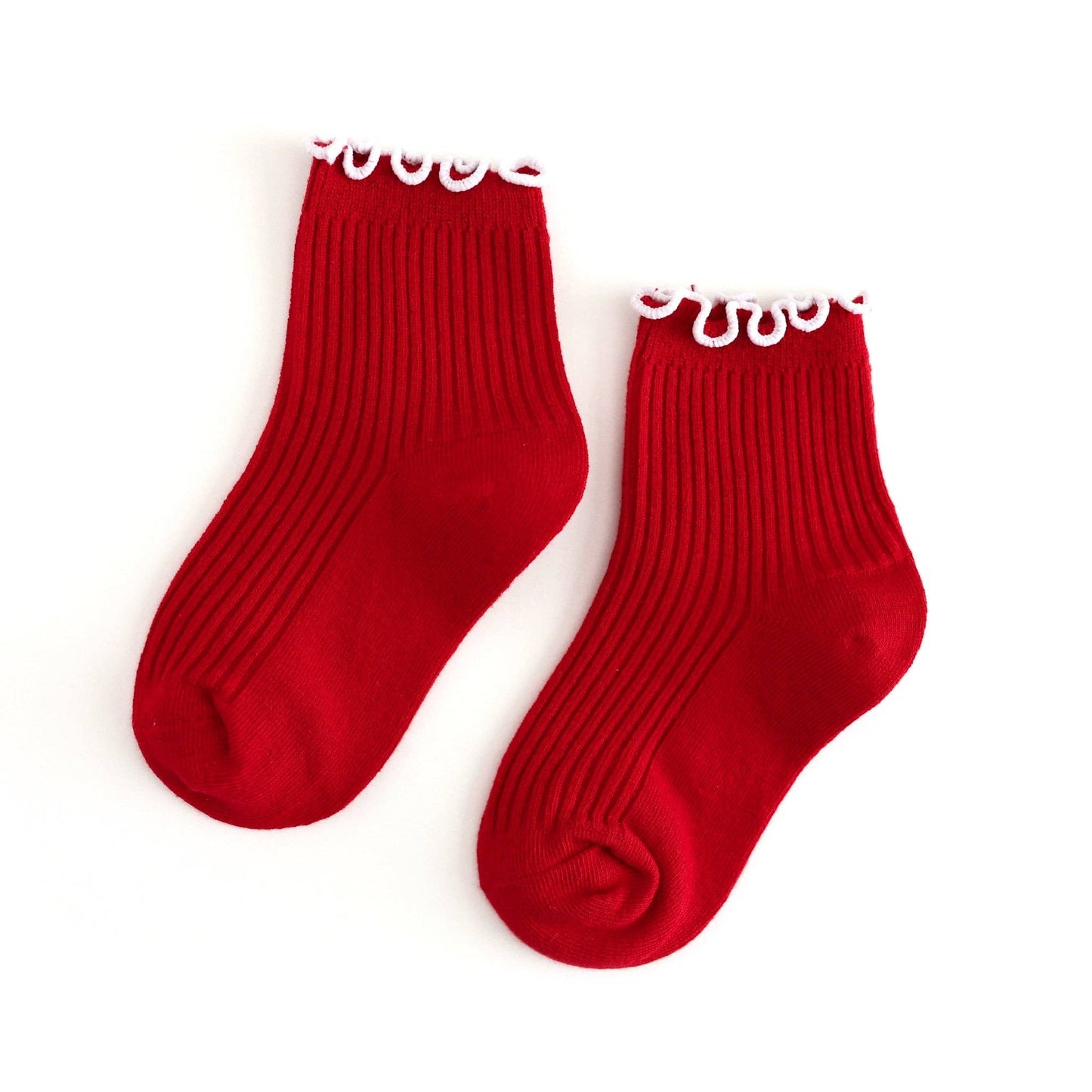 Little Stocking Co. - Ribbed Lettuce Trim Midi Socks - Red/White