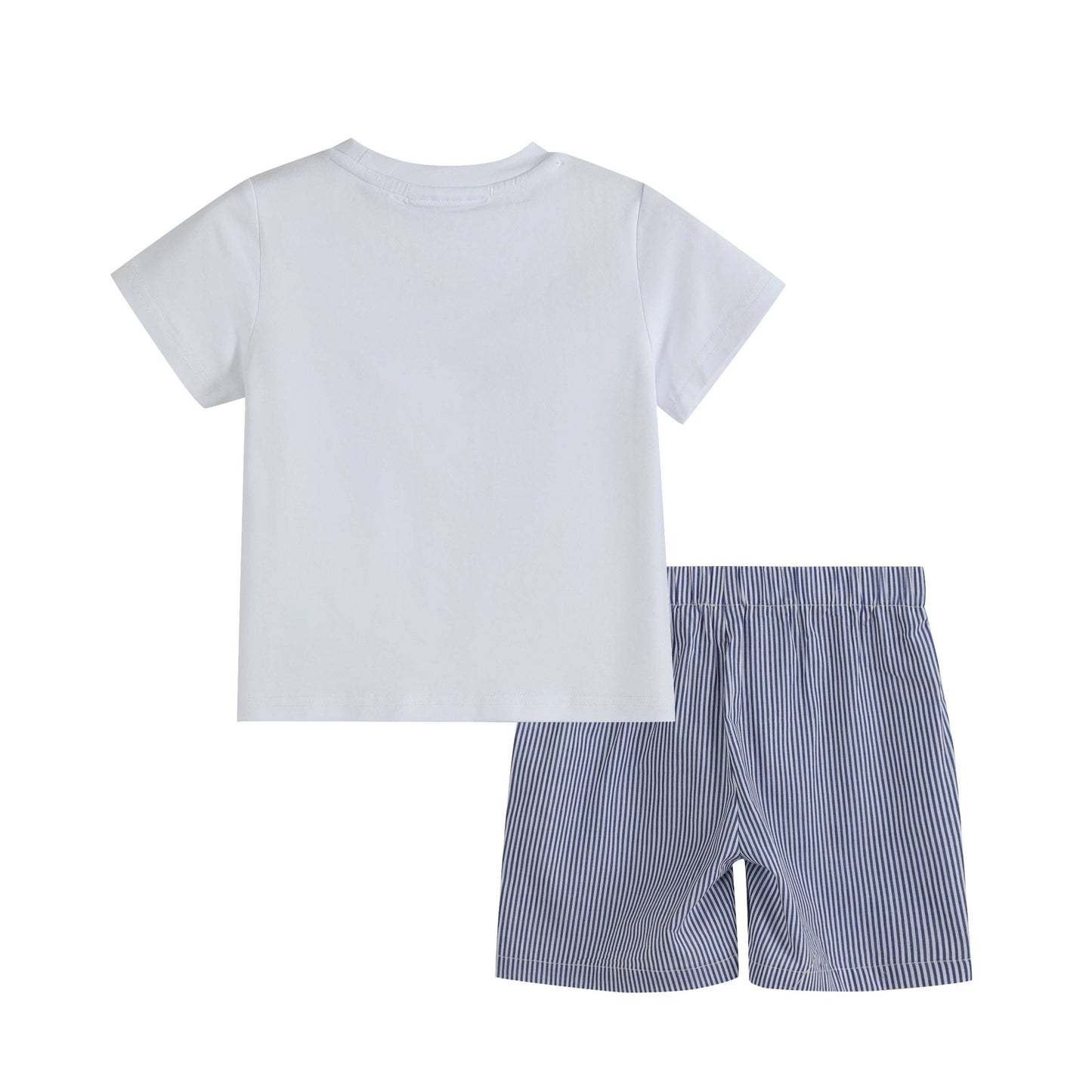 Lil Cactus - White Shark Smocked Tee and Navy Stripe Shorts Set