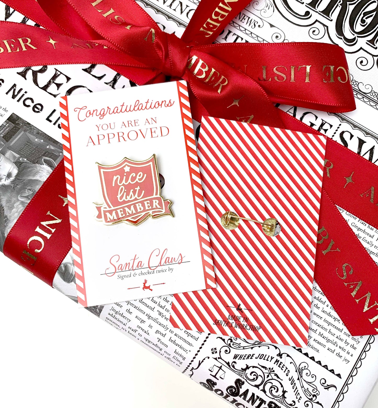 Black Bow Studio - Nice List Member Christmas Enamel Pin Badge - Red