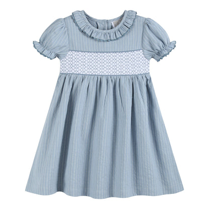 Lil Cactus - Light Blue Pinstripe Smocked Ruffle Dress