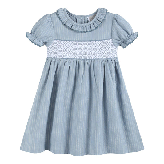 Lil Cactus - Light Blue Pinstripe Smocked Ruffle Dress