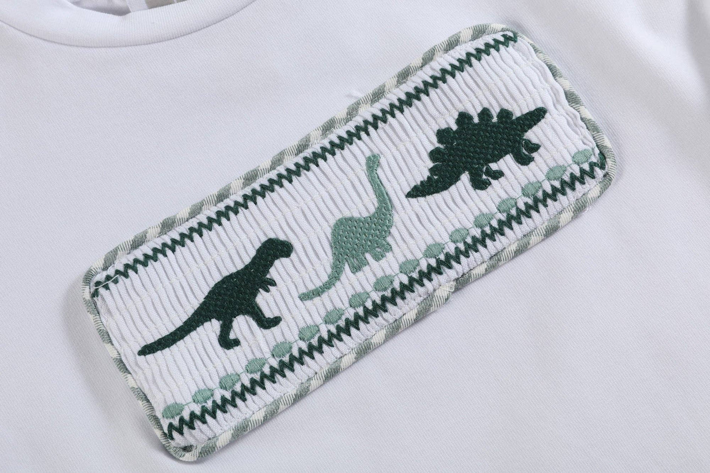 Lil Cactus - White Dinosaur Smocked Tee and Green Gingham Shorts Set