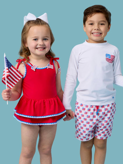RuffleButts + RuggedButts - Girls Vintage Red Crochet Detail Peplum One Piece Swimsuit