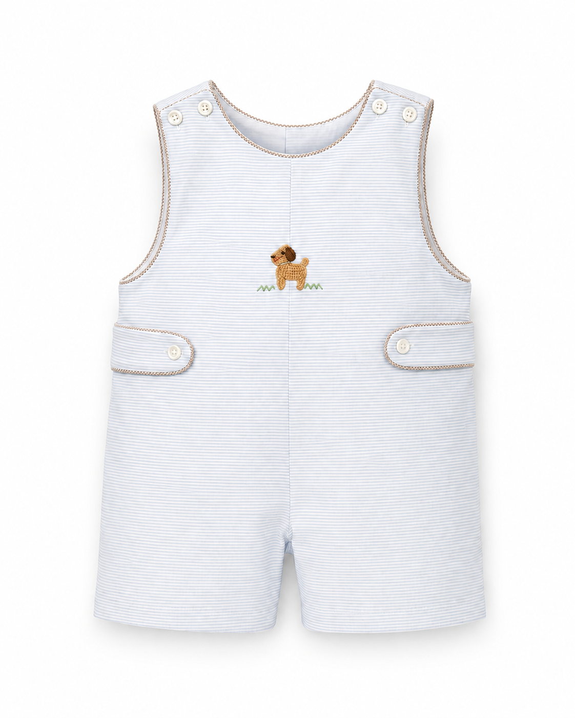 A baby's sleeveless romper in white and light blue micro-stripe fabric, featuring a small embroidered brown dachshund on the chest, beige contrast piping, and snap closures on the shoulder straps and front pockets.
