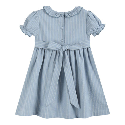 Lil Cactus - Light Blue Pinstripe Smocked Ruffle Dress