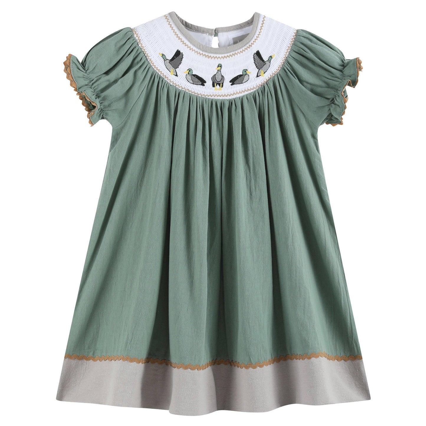 Lil Cactus - Sage Green Mallard Smocked Bishop Dress